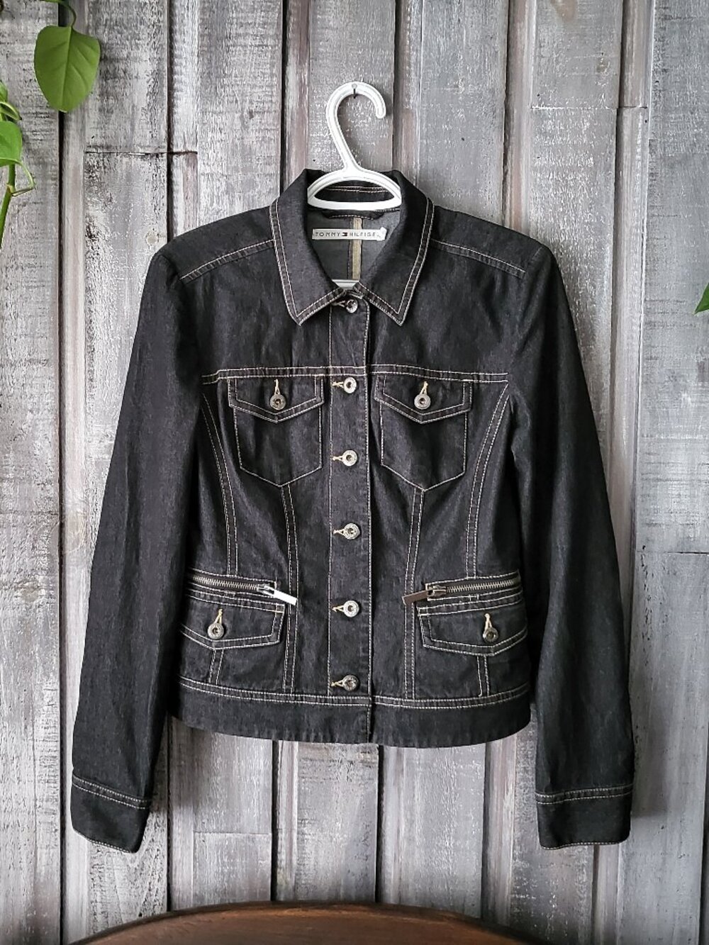 Tommy Hilfiger Dark Wash Denim Fitted Jacket Floral Lining Contrast Stitch Size